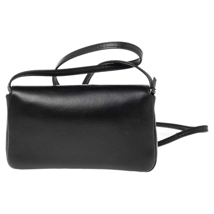 Pre Owned Fendi Black Leather and Fur Trim Micro Buggie Baguette Shoulder Bag