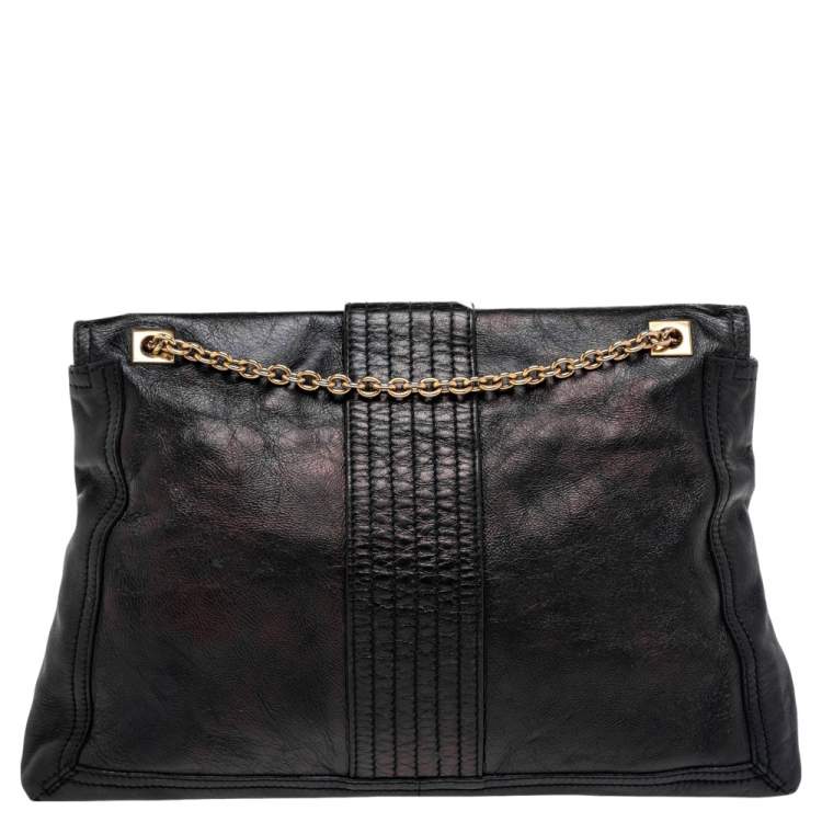 Pre Owned Fendi Black Leather Maxi Baguette Flap Shoulder Bag