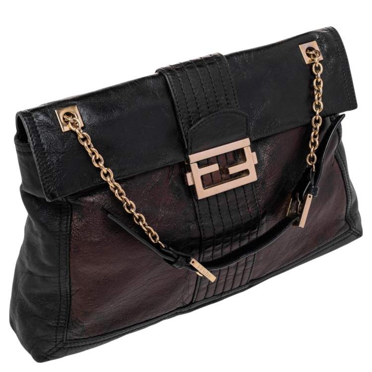 Pre Owned Fendi Black Leather Maxi Baguette Flap Shoulder Bag