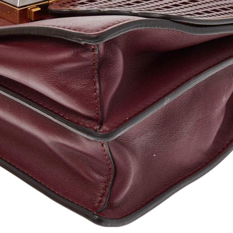 Pre Owned Fendi Burgundy Lasercut Leather Small Kan I Top Handle Bag