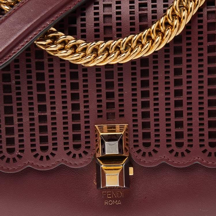 Pre Owned Fendi Burgundy Lasercut Leather Small Kan I Top Handle Bag