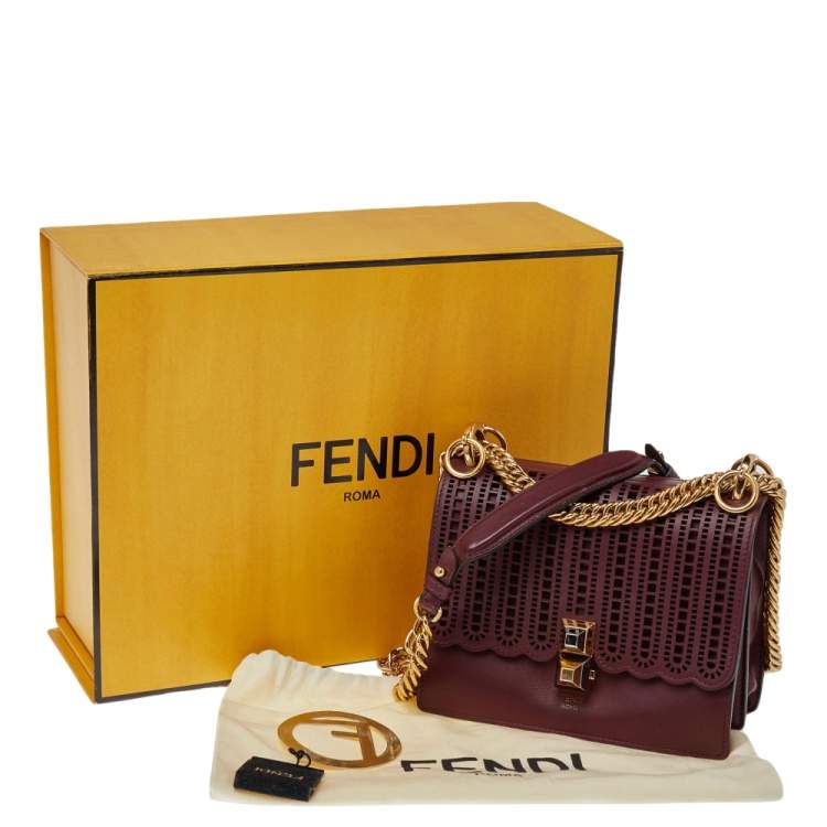 Pre Owned Fendi Burgundy Lasercut Leather Small Kan I Top Handle Bag