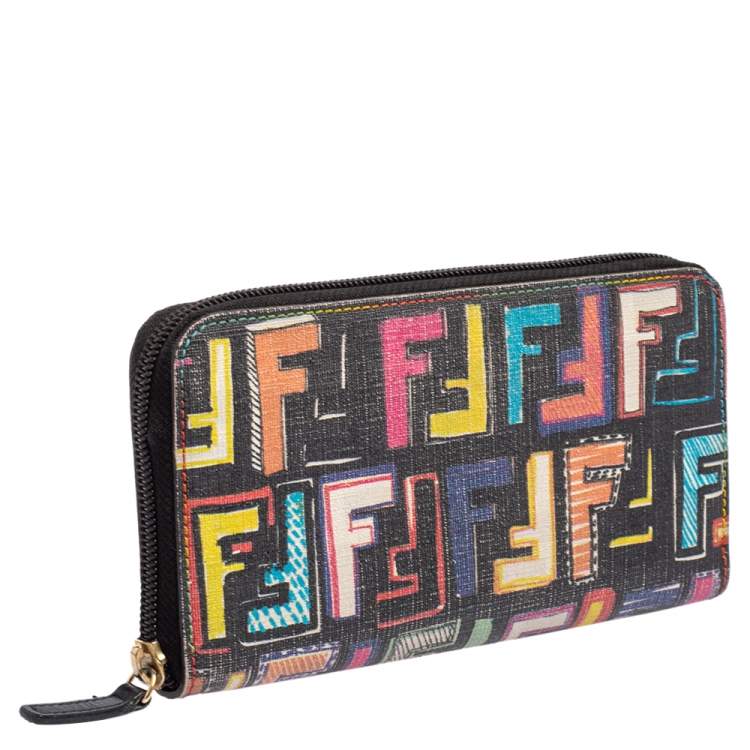 Pre Owned Fendi Multicolor Zucca Coated Canvas Zip Around Wallet
