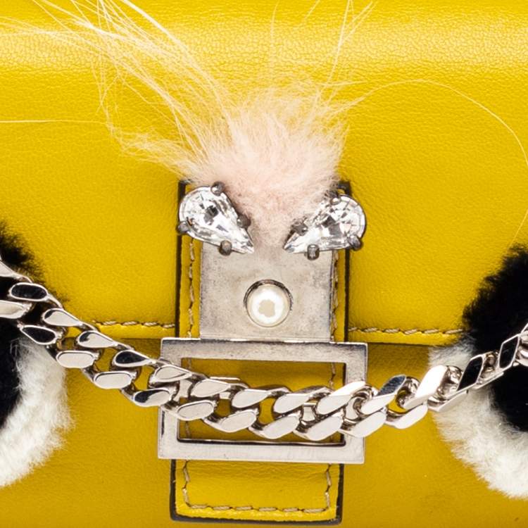 Pre Owned Fendi Yellow Leather and Fur Micro Monster Baguette