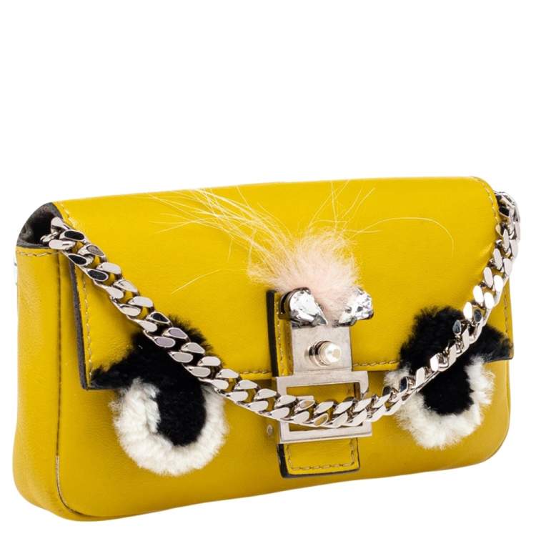 Pre Owned Fendi Yellow Leather and Fur Micro Monster Baguette