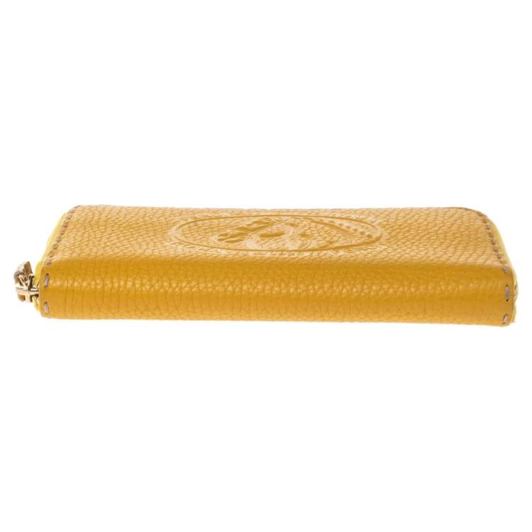 Pre Owned Fendi Yellow Leather Selleria Zip Around Wallet