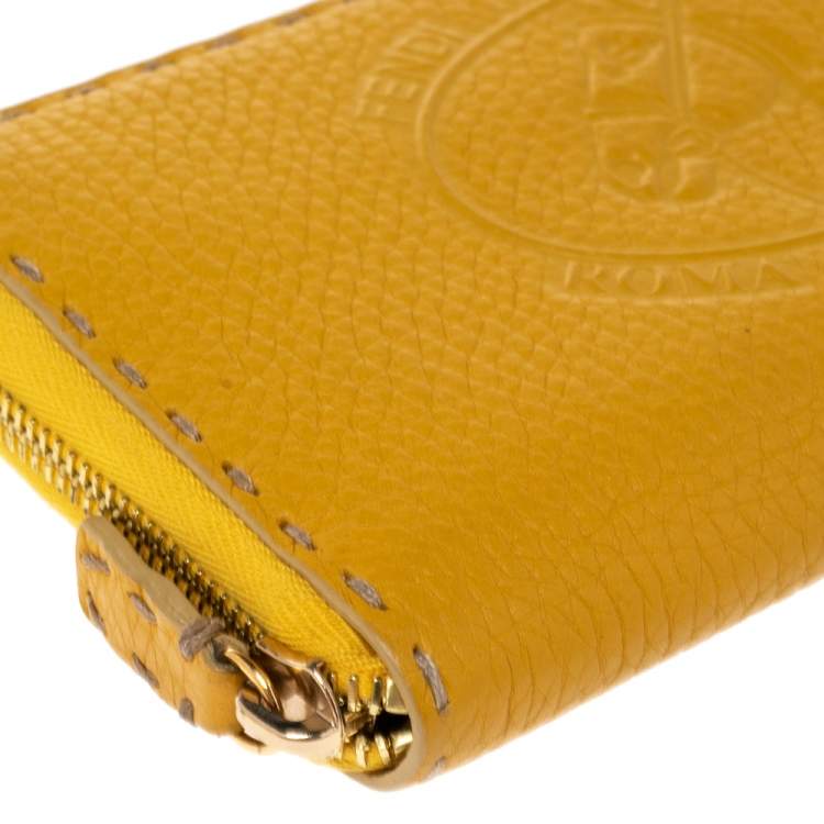 Pre Owned Fendi Yellow Leather Selleria Zip Around Wallet