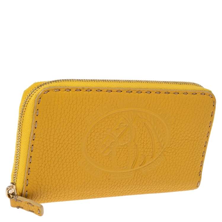 Pre Owned Fendi Yellow Leather Selleria Zip Around Wallet