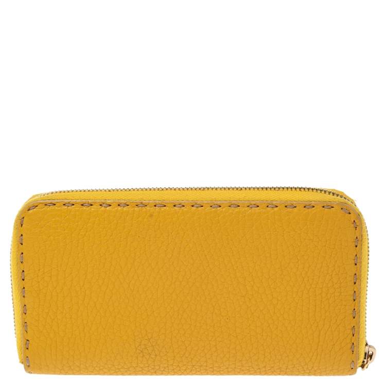 Pre Owned Fendi Yellow Leather Selleria Zip Around Wallet