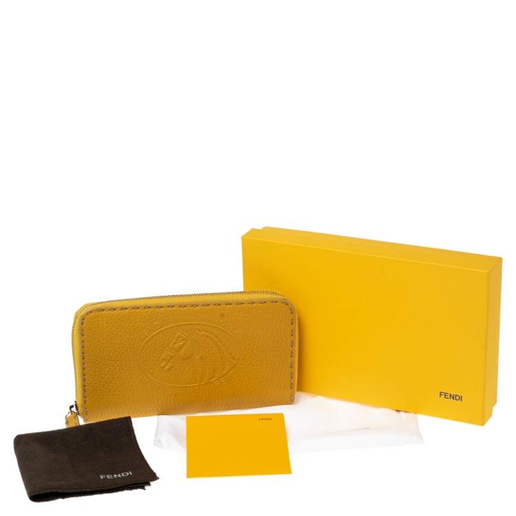 Pre Owned Fendi Yellow Leather Selleria Zip Around Wallet