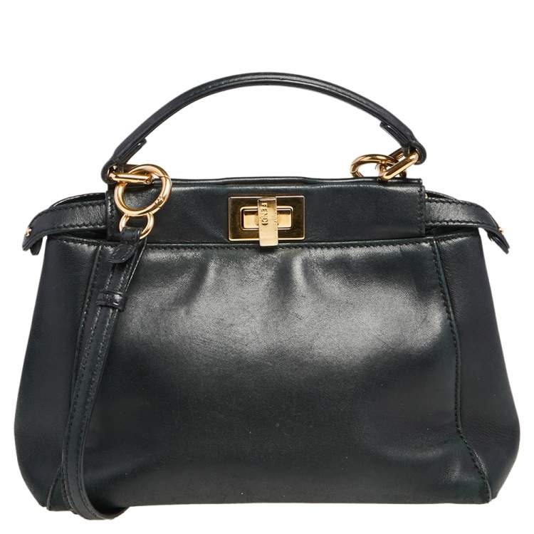 Pre Owned Fendi Black Leather Mini Peekaboo Top Handle Bag
