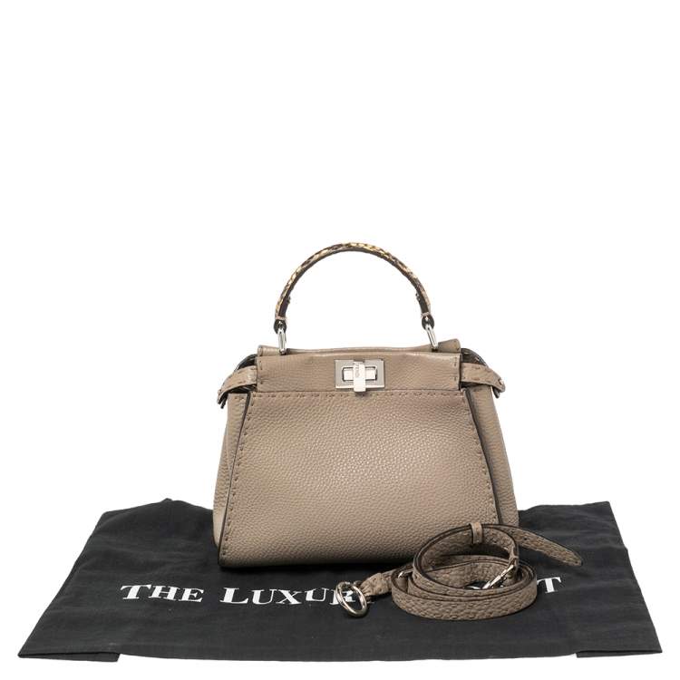 Pre Owned Fendi Beige Selleria Leather and Python Mini Peekaboo Top Handle Bag