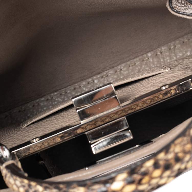 Pre Owned Fendi Beige Selleria Leather and Python Mini Peekaboo Top Handle Bag