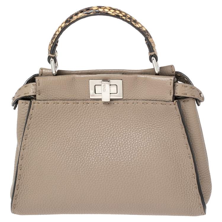 Pre Owned Fendi Beige Selleria Leather and Python Mini Peekaboo Top Handle Bag