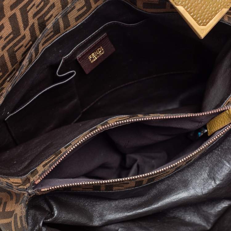 Pre Owned Fendi Tobacco/Green Zucca Canvas and Textured Leather Large Linda Satchel 