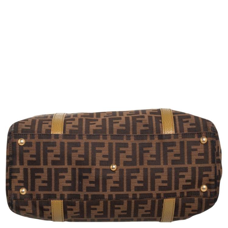 Pre Owned Fendi Tobacco/Green Zucca Canvas and Textured Leather Large Linda Satchel 