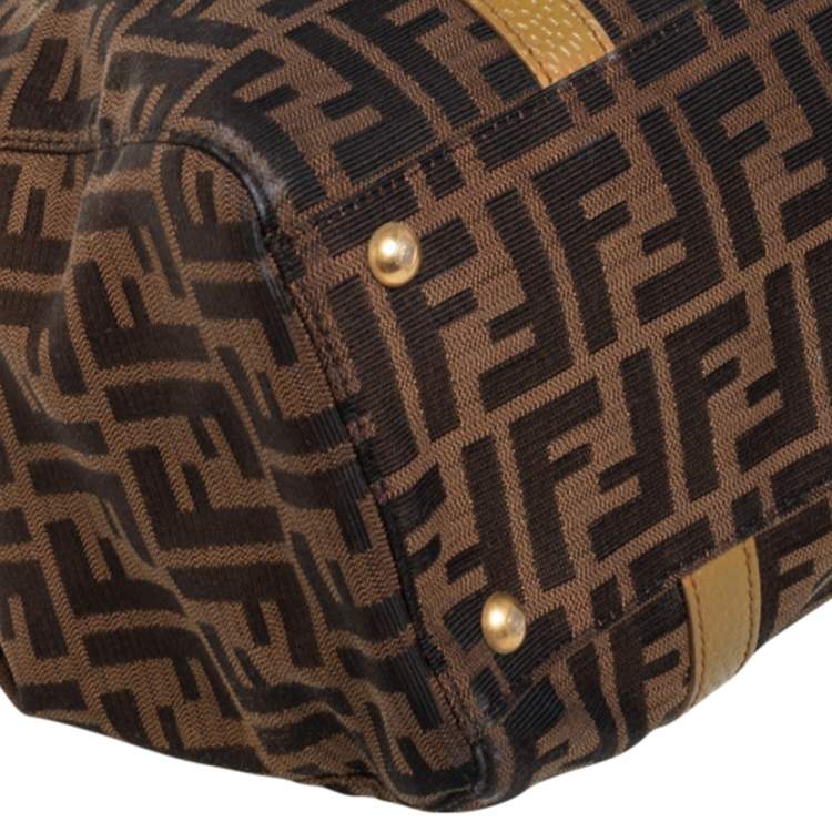 Pre Owned Fendi Tobacco/Green Zucca Canvas and Textured Leather Large Linda Satchel 