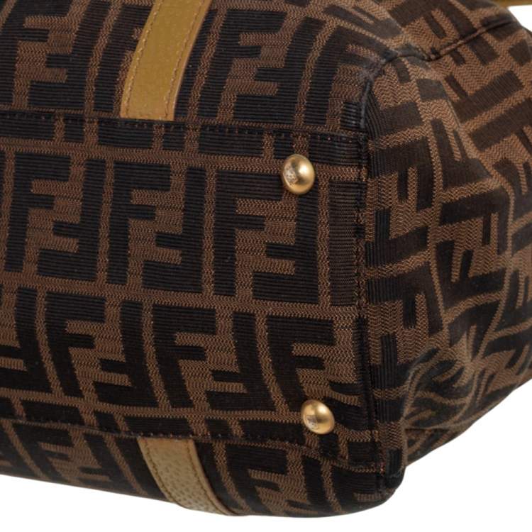 Pre Owned Fendi Tobacco/Green Zucca Canvas and Textured Leather Large Linda Satchel 