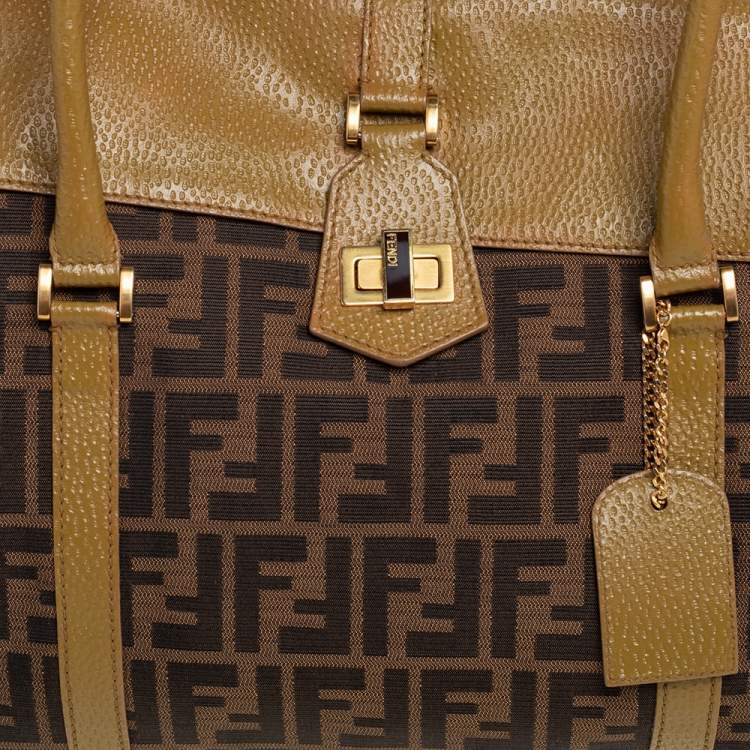 Pre Owned Fendi Tobacco/Green Zucca Canvas and Textured Leather Large Linda Satchel 