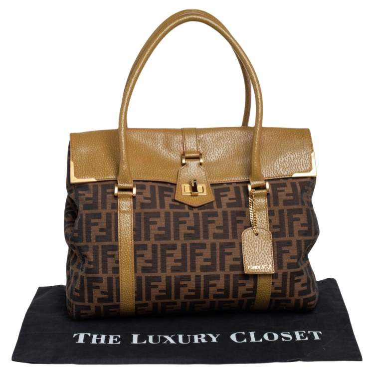 Pre Owned Fendi Tobacco/Green Zucca Canvas and Textured Leather Large Linda Satchel 