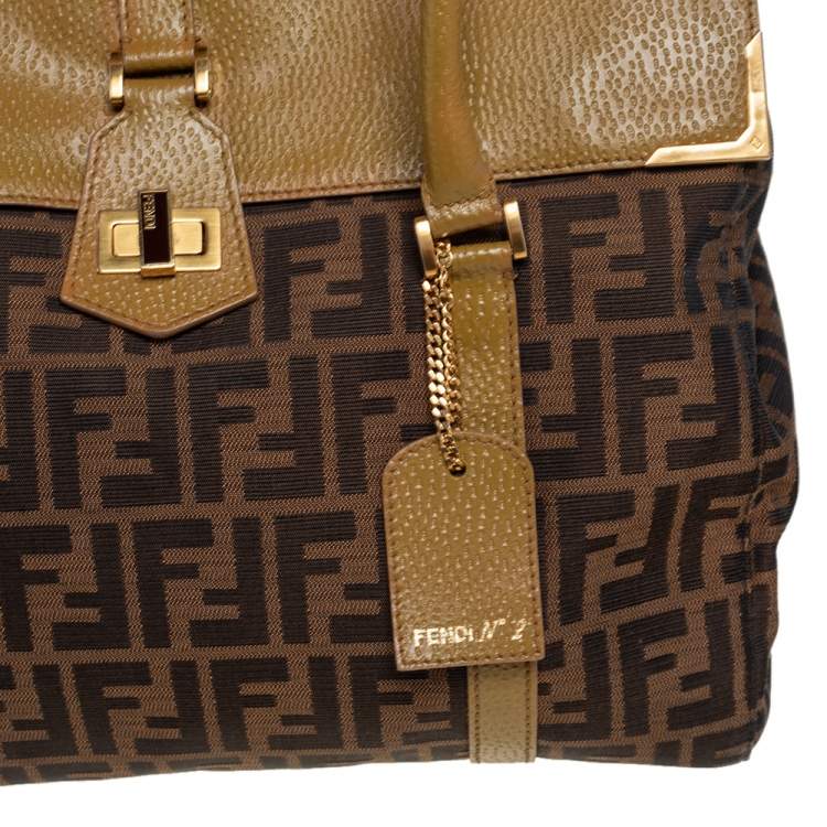 Pre Owned Fendi Tobacco/Green Zucca Canvas and Textured Leather Large Linda Satchel 
