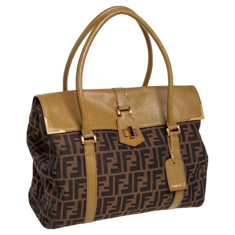 Pre Owned Fendi Tobacco/Green Zucca Canvas and Textured Leather Large Linda Satchel 