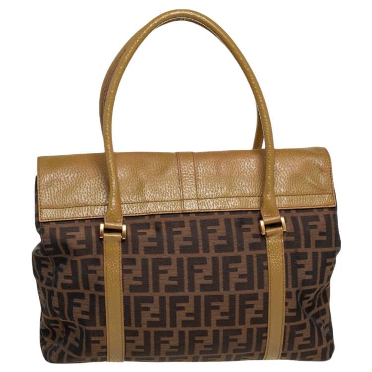 Pre Owned Fendi Tobacco/Green Zucca Canvas and Textured Leather Large Linda Satchel 