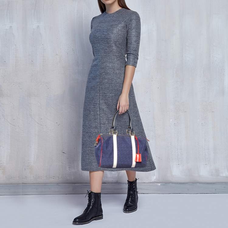 Pre Owned Fendi Multicolor Zucchino Canvas and Patent Leather Forever Bauletto Boston Bag