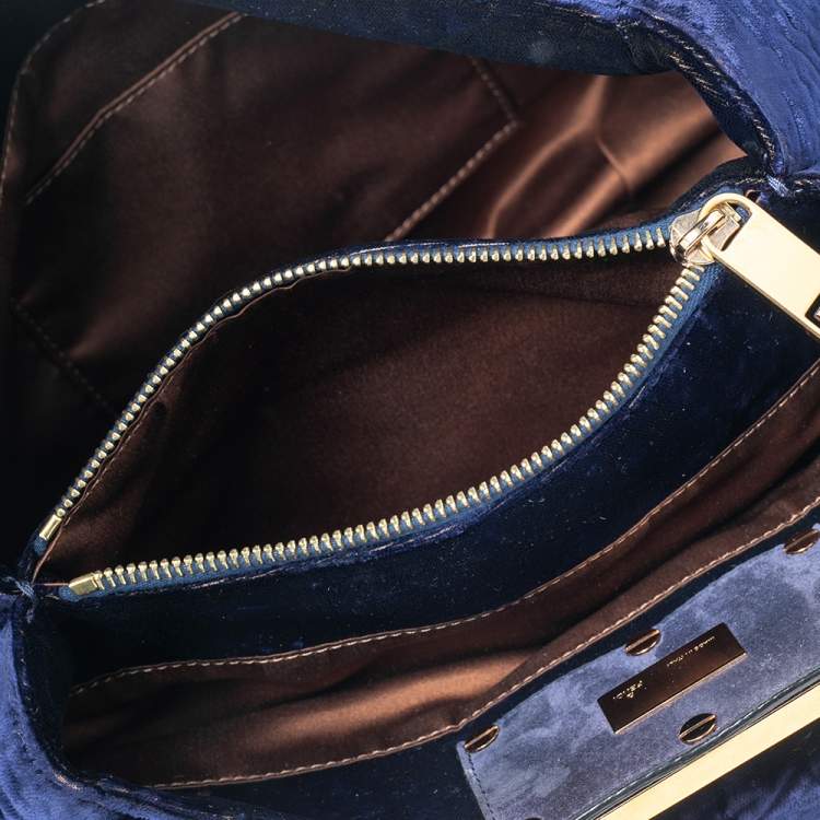 Pre Owned Fendi Navy Blue Velvet Small Mia Tote