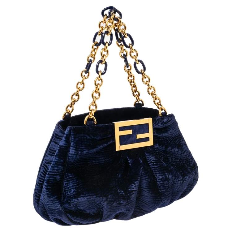 Pre Owned Fendi Navy Blue Velvet Small Mia Tote