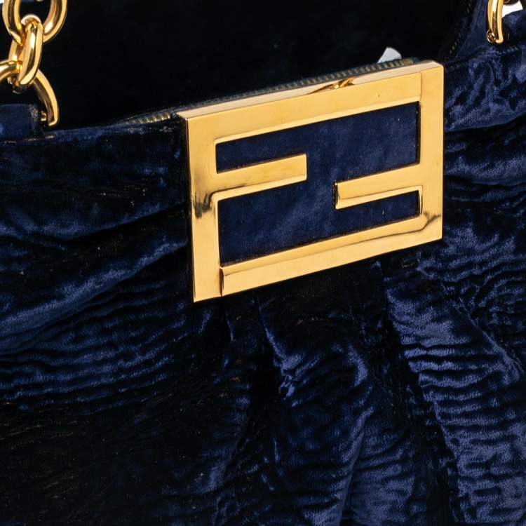 Pre Owned Fendi Navy Blue Velvet Small Mia Tote