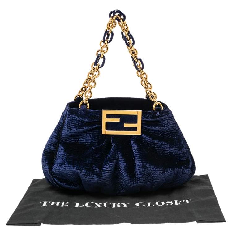 Pre Owned Fendi Navy Blue Velvet Small Mia Tote