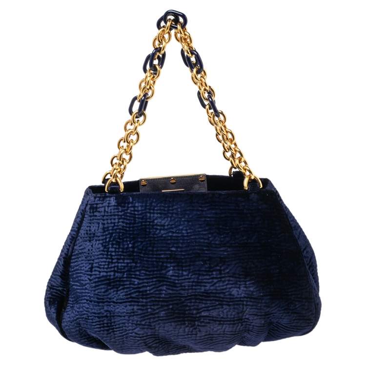 Pre Owned Fendi Navy Blue Velvet Small Mia Tote
