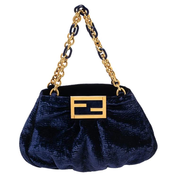 Pre Owned Fendi Navy Blue Velvet Small Mia Tote