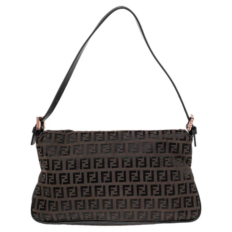 Pre Owned Fendi Black Zucca Canvas and Leather Trim Baguette Bag