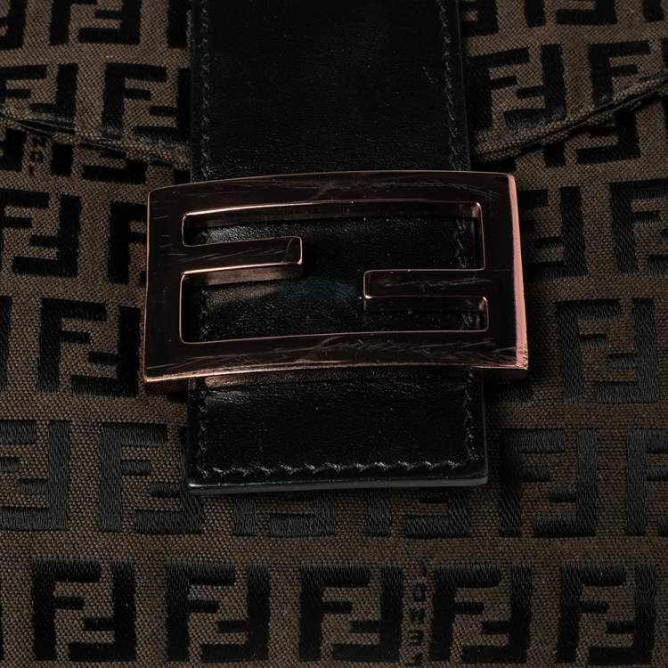 Pre Owned Fendi Black Zucca Canvas and Leather Trim Baguette Bag