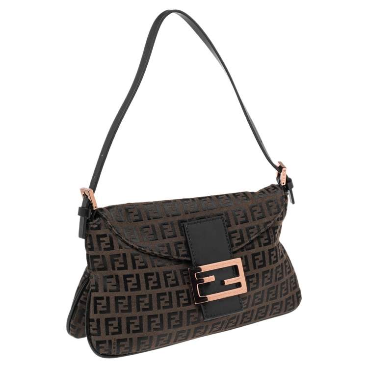 Pre Owned Fendi Black Zucca Canvas and Leather Trim Baguette Bag