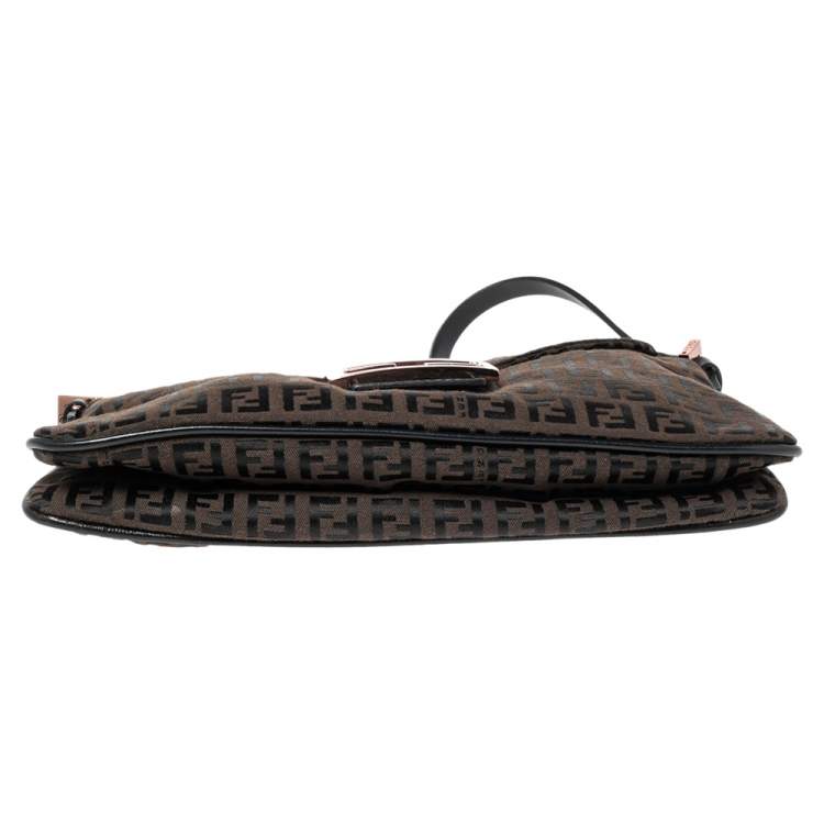 Pre Owned Fendi Black Zucca Canvas and Leather Trim Baguette Bag
