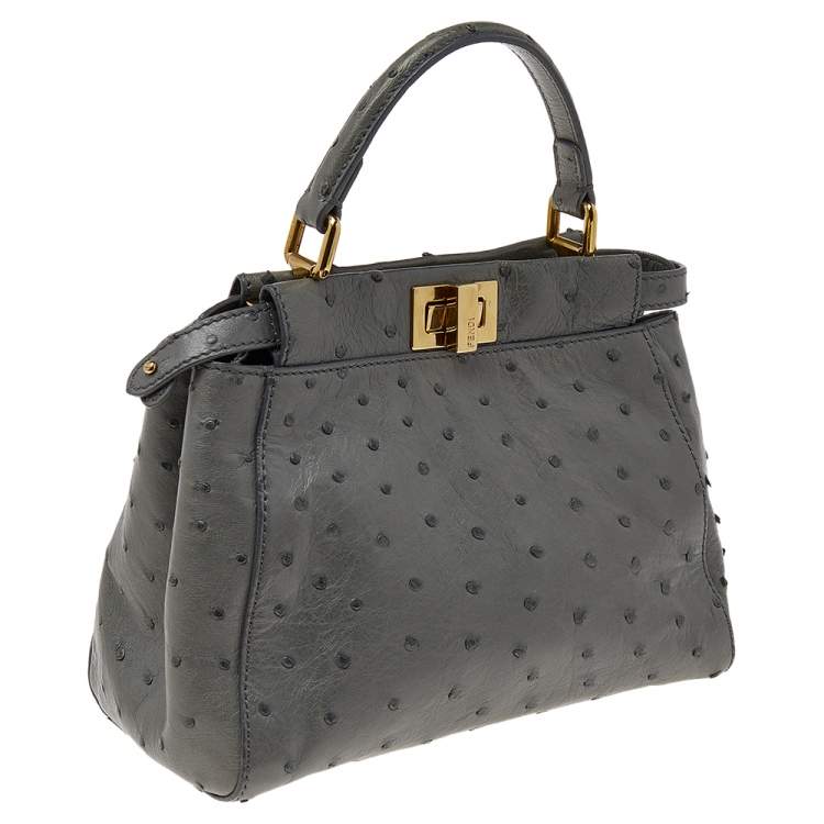 Pre Owned Fendi Grey Ostrich Leather Mini Peekaboo Top Handle Bag