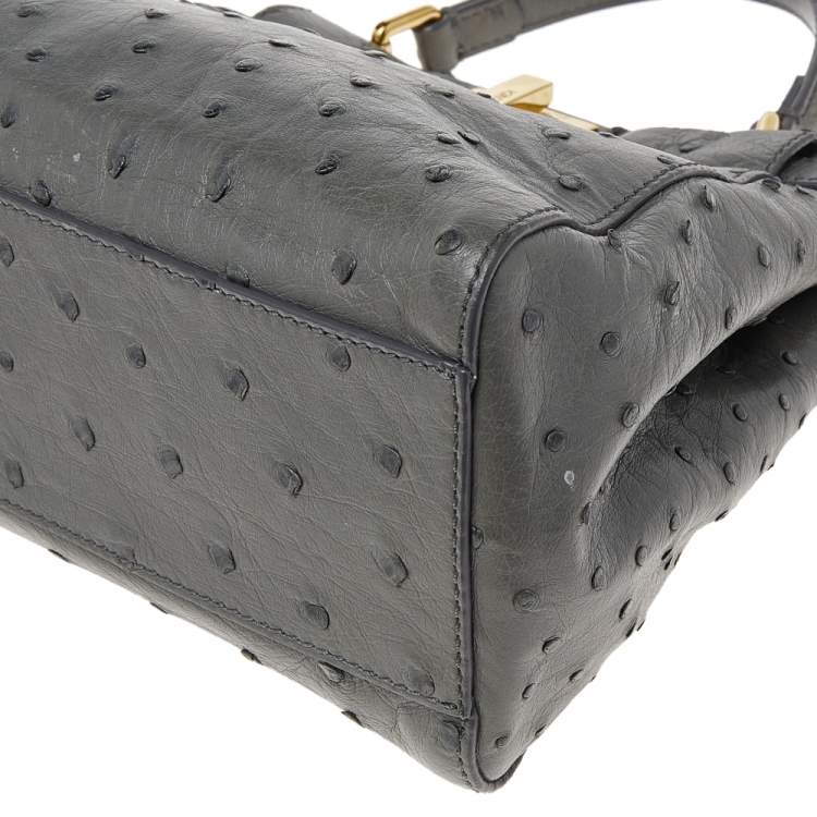 Pre Owned Fendi Grey Ostrich Leather Mini Peekaboo Top Handle Bag