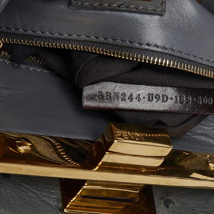 Pre Owned Fendi Grey Ostrich Leather Mini Peekaboo Top Handle Bag