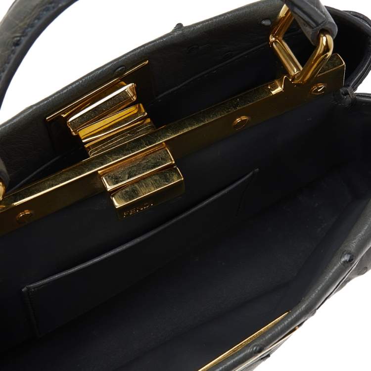 Pre Owned Fendi Grey Ostrich Leather Mini Peekaboo Top Handle Bag