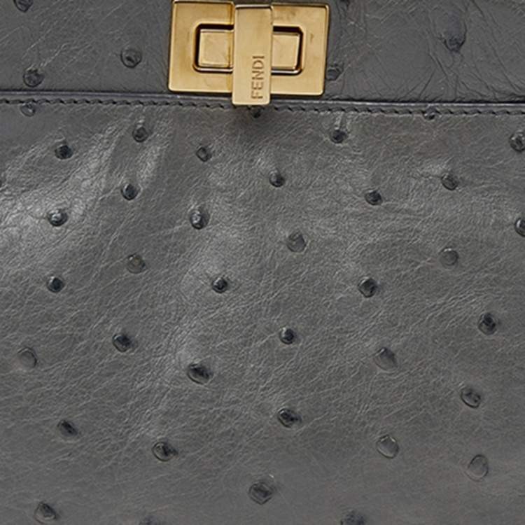 Pre Owned Fendi Grey Ostrich Leather Mini Peekaboo Top Handle Bag