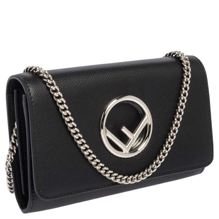Pre Owned Fendi Black Leather Kan I F Wallet On Chain Clutch