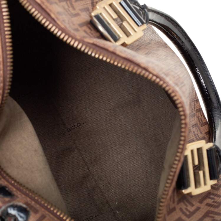 Pre Owned Fendi Tobacco Zucchino Coated Canvas And Patent Leather Boston Bag