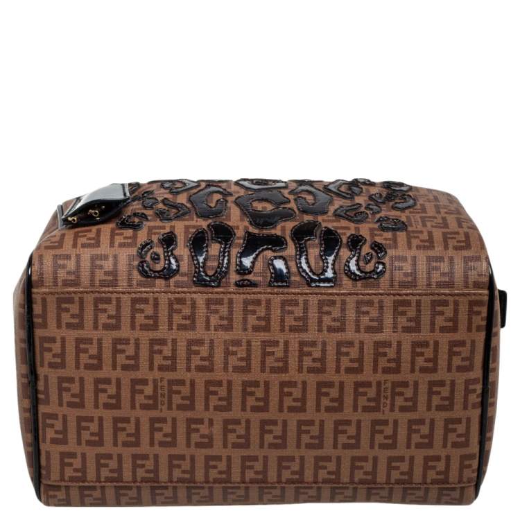 Pre Owned Fendi Tobacco Zucchino Coated Canvas And Patent Leather Boston Bag
