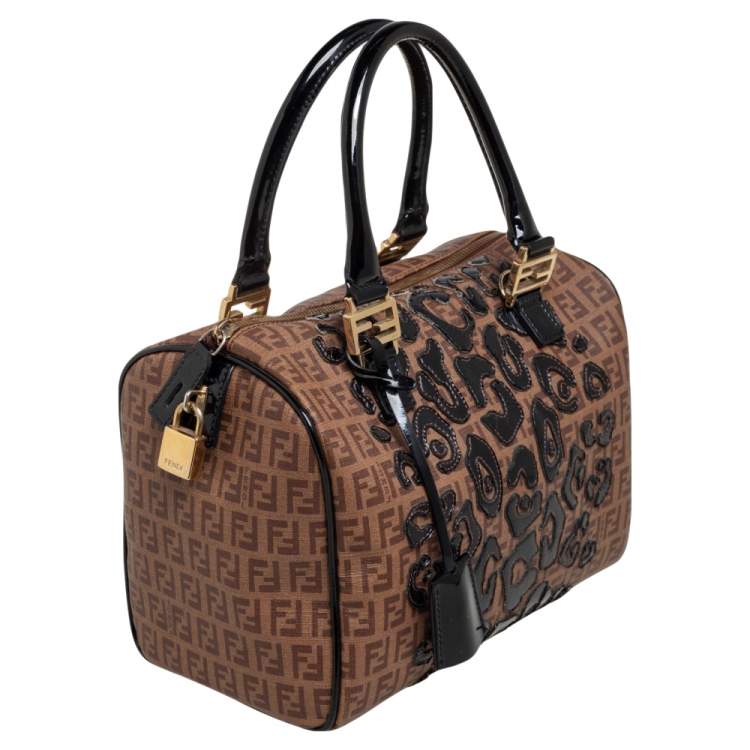 Pre Owned Fendi Tobacco Zucchino Coated Canvas And Patent Leather Boston Bag