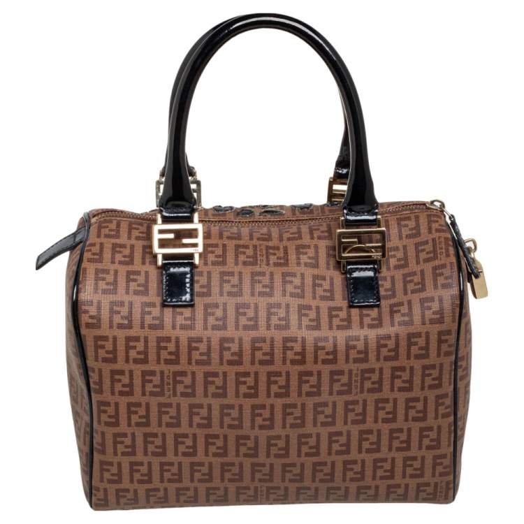 Pre Owned Fendi Tobacco Zucchino Coated Canvas And Patent Leather Boston Bag