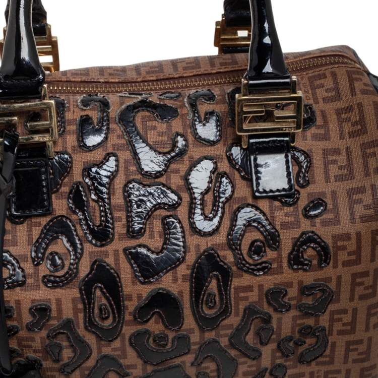 Pre Owned Fendi Tobacco Zucchino Coated Canvas And Patent Leather Boston Bag