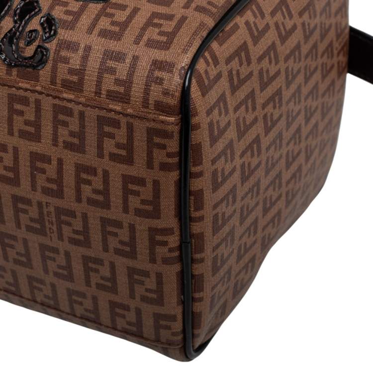 Pre Owned Fendi Tobacco Zucchino Coated Canvas And Patent Leather Boston Bag